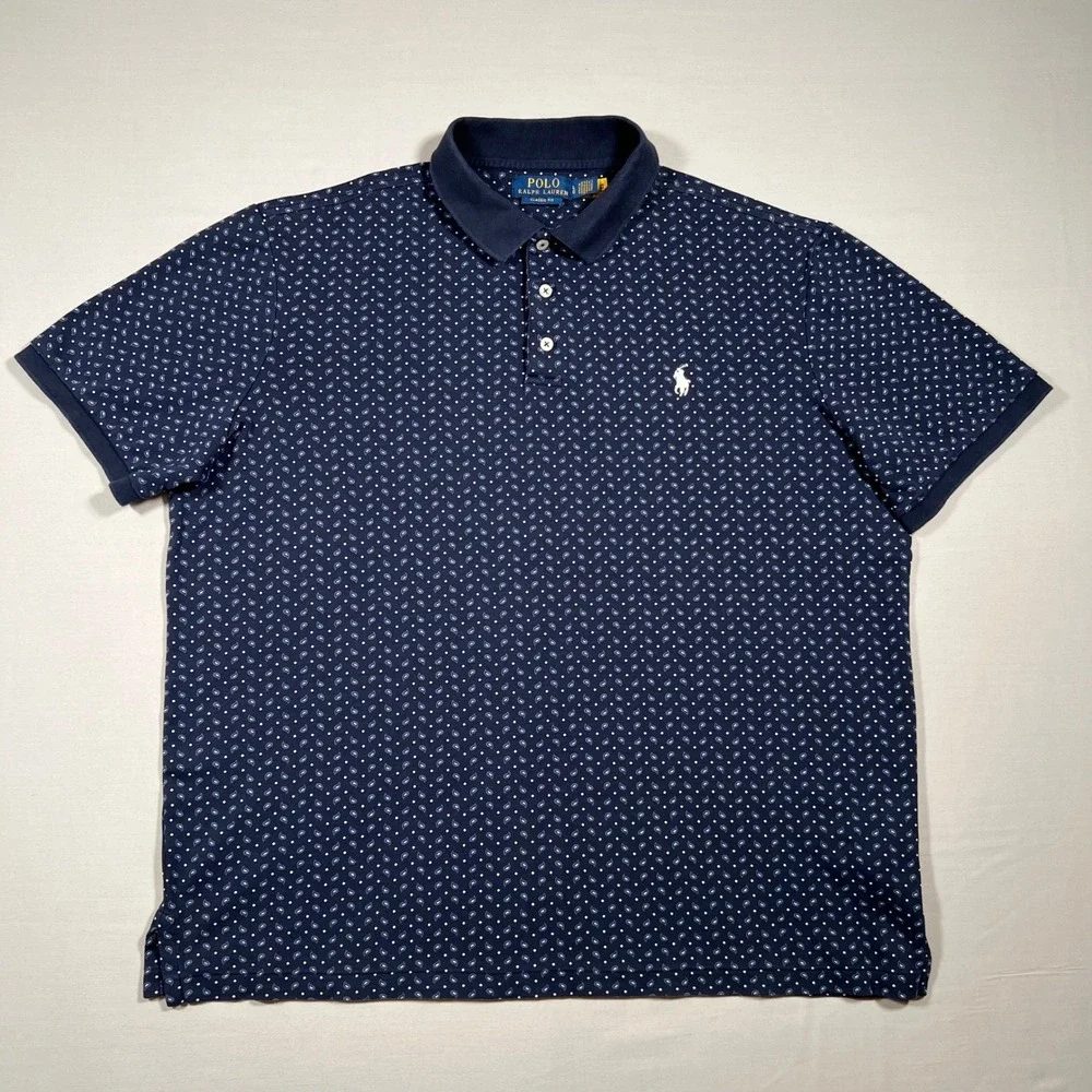 Polo Ralph Lauren Mens Large Classic Fit Navy Paisley Dot Soft Cotton Polo Shirt